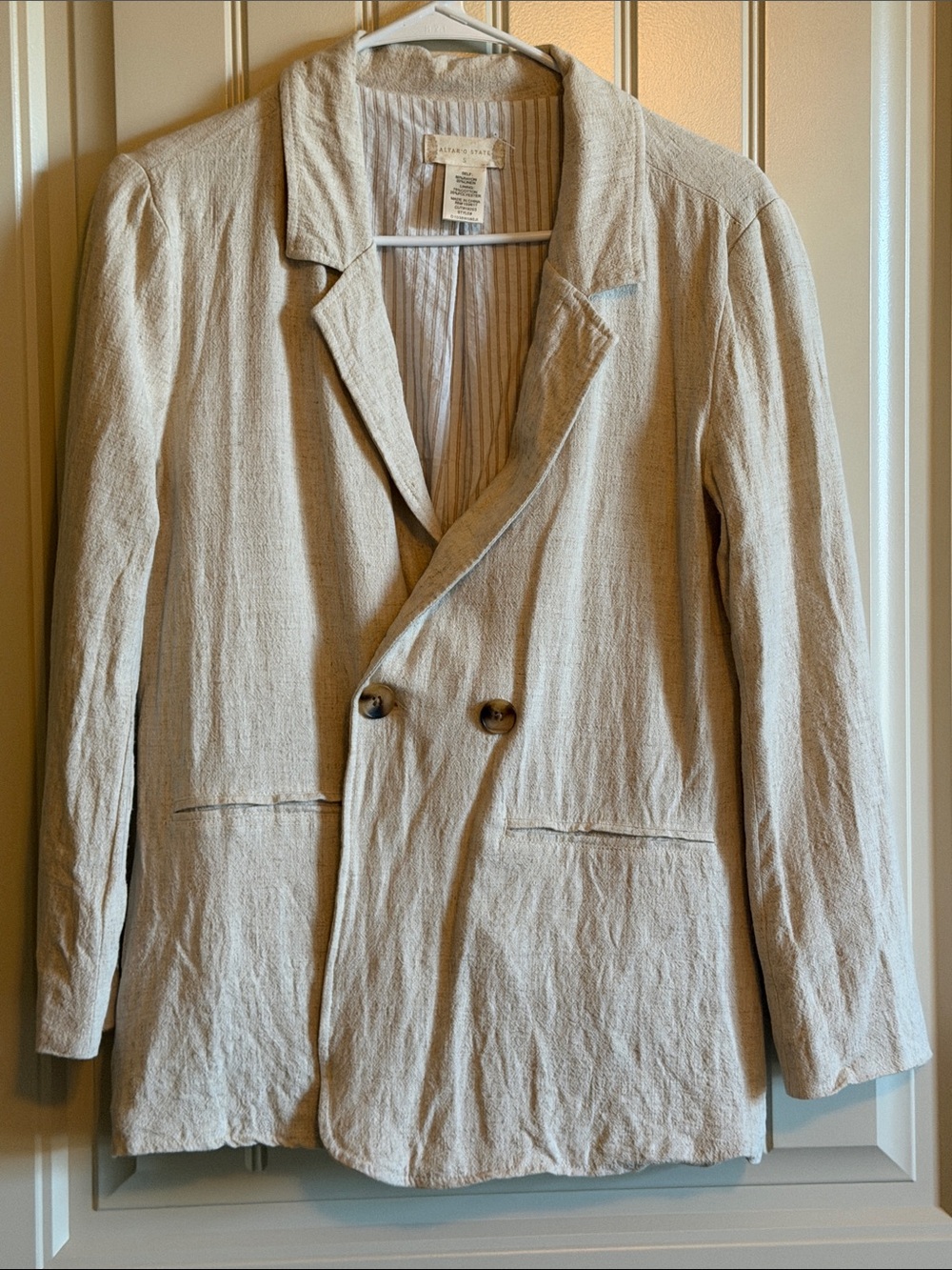 Altar’d State Cream Double-Breasted Linen-Blend Blazer-